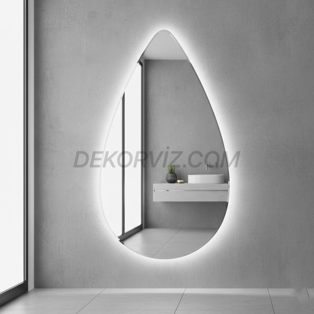 Damla Form LED Işıklı Modern Duvar Aynası – Banyo · Salon · Antre · Makyaj İçin Şık Tasarım