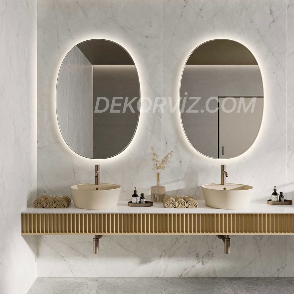 Soğuk Işıklı Oval LED Banyo ve Antre Aynası – Tam Çevre Aydınlatmalı Dikey Çift Lavabo Uyumlu Model