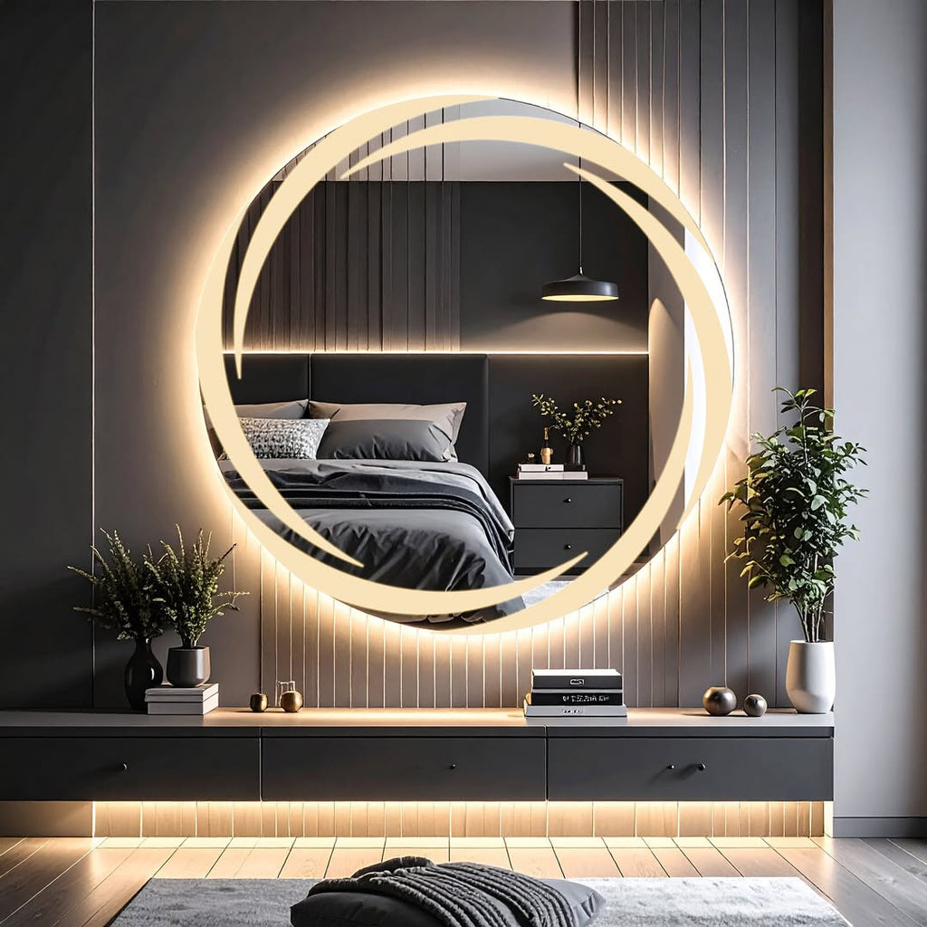 Yoğun Kumlamalı Sıcak Işıklı Dairesel LED Ayna – Dekoratif Modern Model