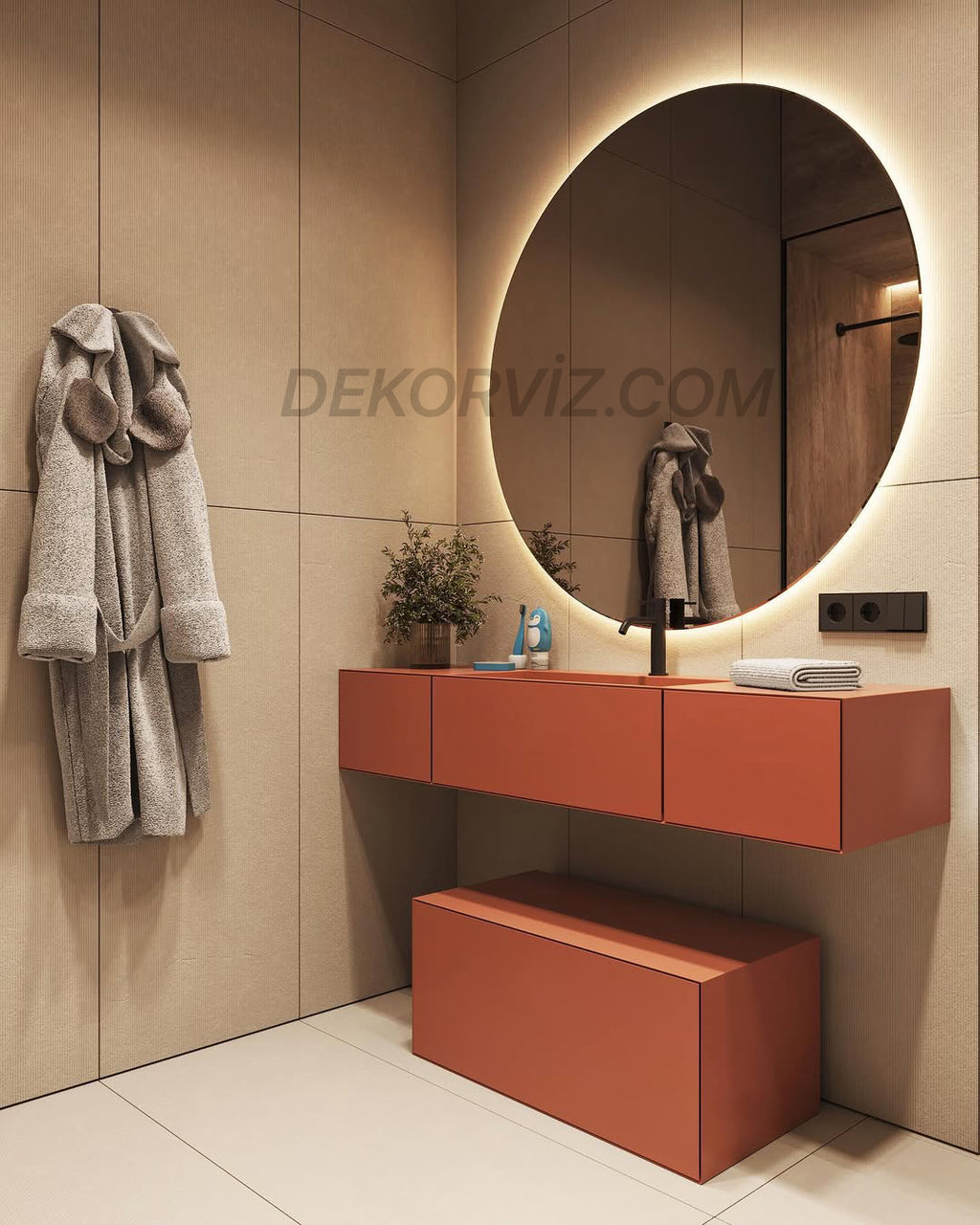Sıcak Işıklı Yuvarlak LED Banyo ve Antre Aynası – Tam Çevre Aydınlatmalı Büyük Model