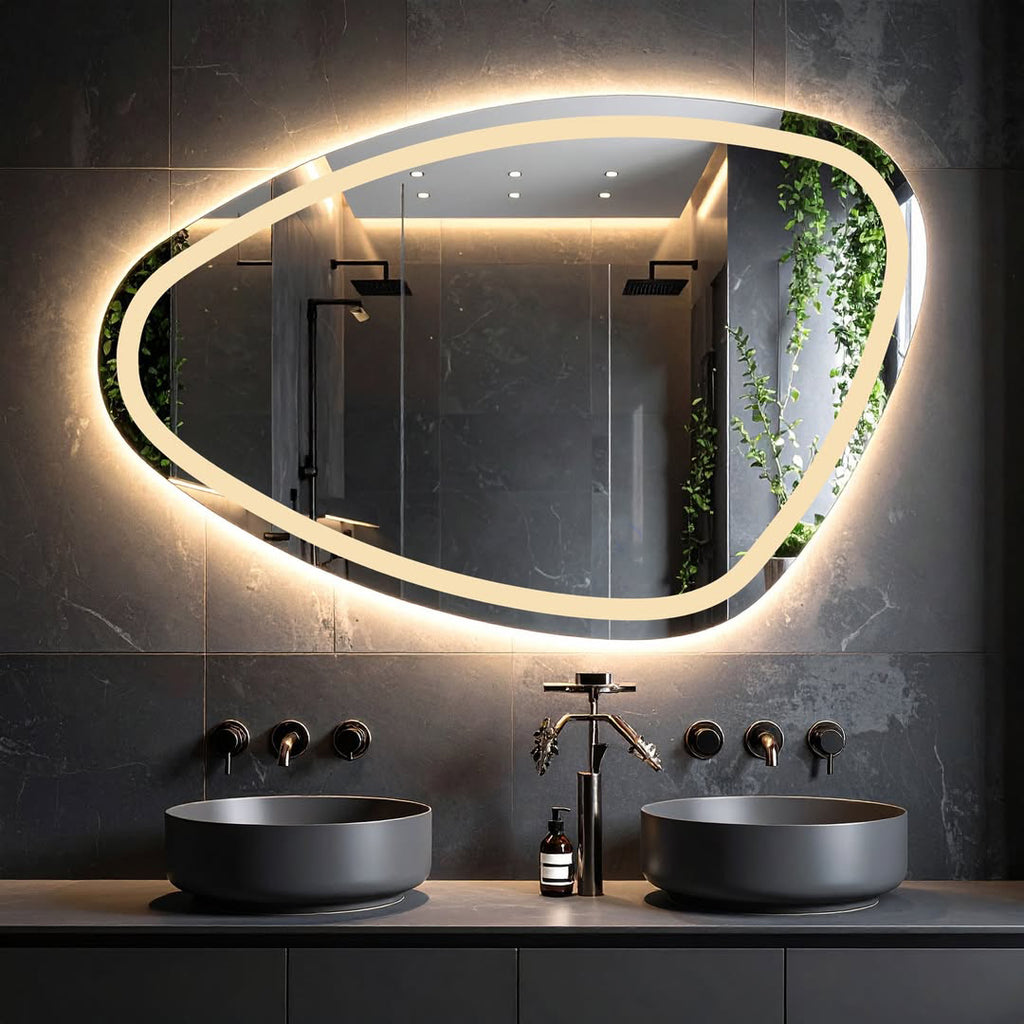 Asimetrik Organik Formlu Sıcak Işıklı LED Ayna – Modern Tasarım