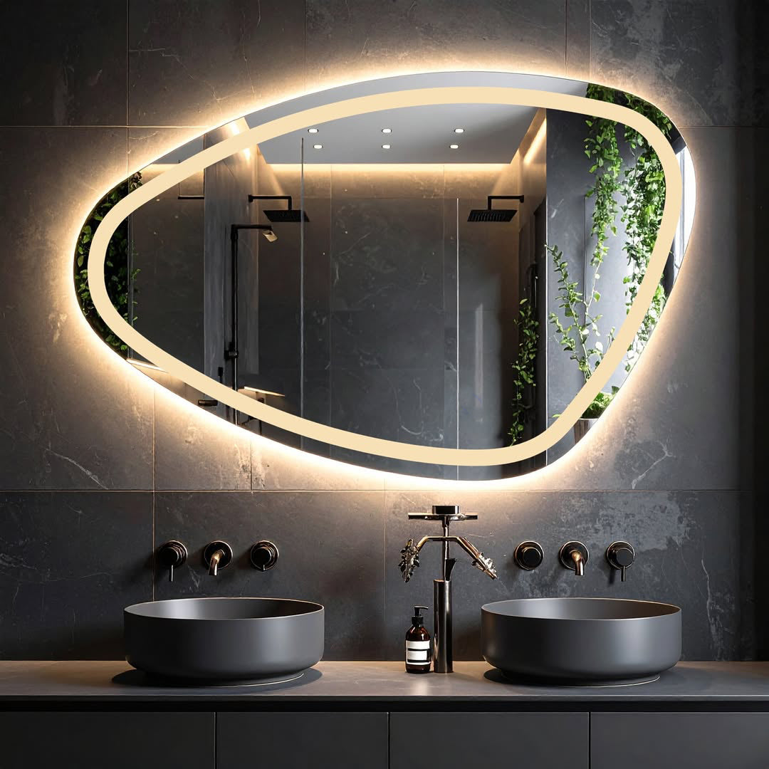 Asimetrik Organik Formlu Sıcak Işıklı LED Ayna – Modern Tasarım