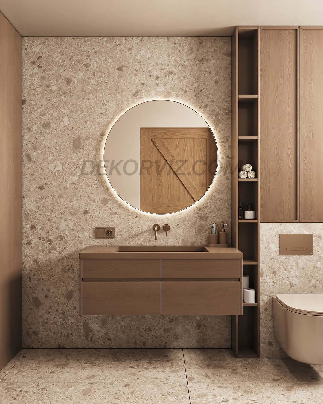 Sıcak Işıklı Yuvarlak LED Banyo ve Antre Aynası – Tam Çevre Aydınlatmalı Büyük Model