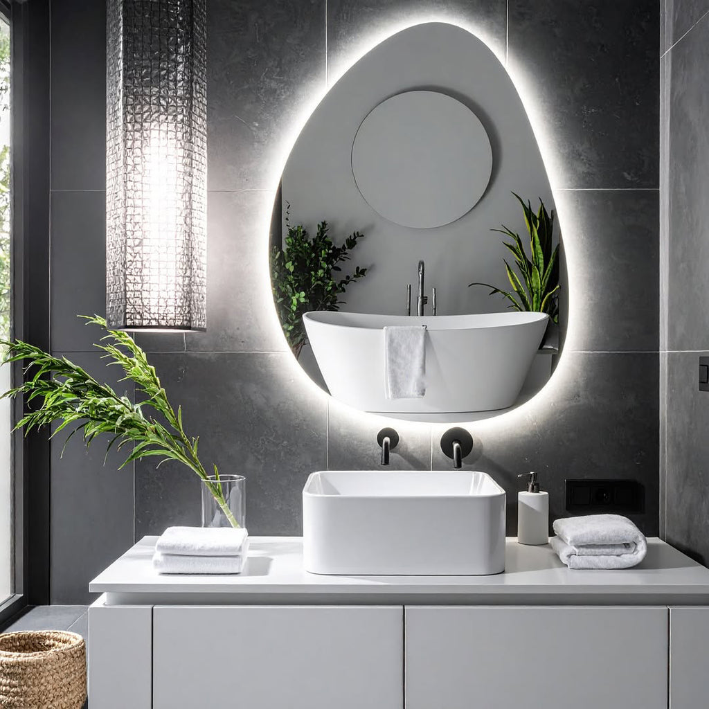 Organik Damla Formlu Soğuk Işıklı LED Ayna – Modern Minimal Tasarım