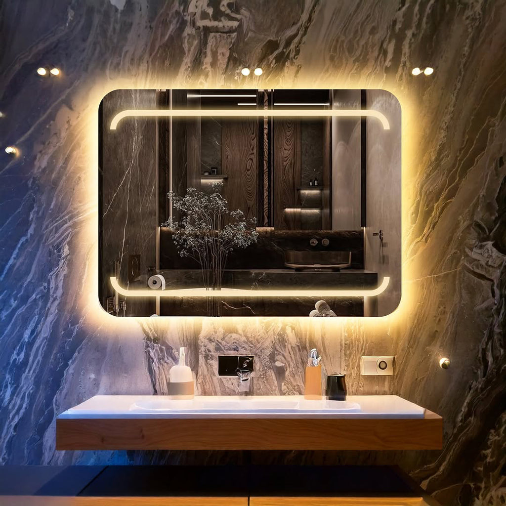 Köşeleri Oval Kumlamalı Sıcak Işıklı Dikdörtgen LED Ayna