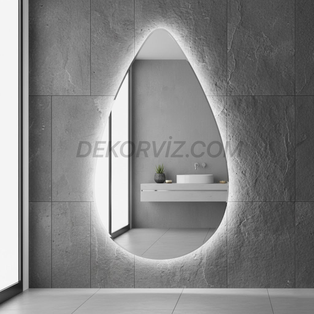 Damla Form LED Işıklı Modern Duvar Aynası – Banyo · Salon · Antre · Makyaj İçin Şık Tasarım