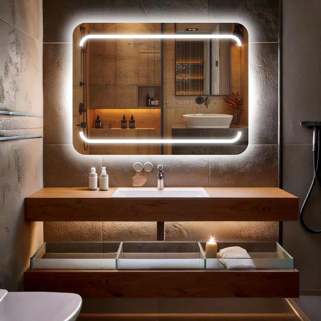 Köşeleri Oval Kumlamalı Sıcak Işıklı Dikdörtgen LED Ayna