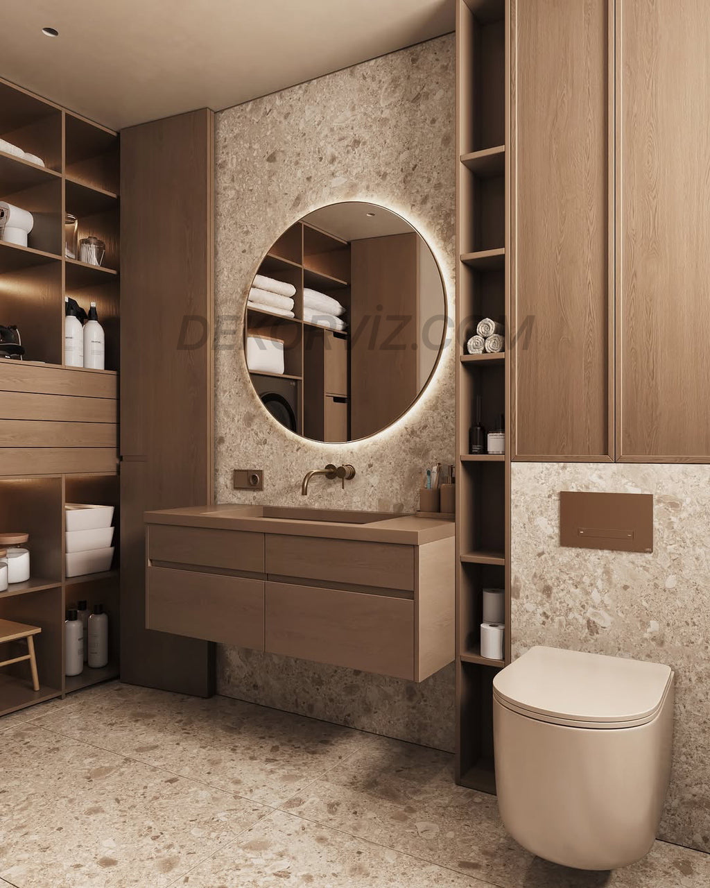 Sıcak Işıklı Yuvarlak LED Banyo ve Antre Aynası – Tam Çevre Aydınlatmalı Büyük Model