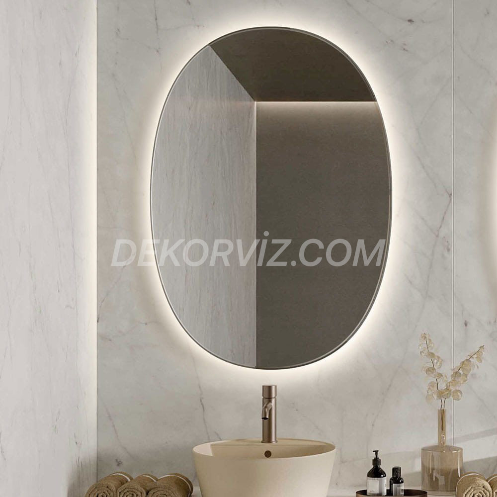 Soğuk Işıklı Oval LED Banyo ve Antre Aynası – Tam Çevre Aydınlatmalı Dikey Çift Lavabo Uyumlu Model