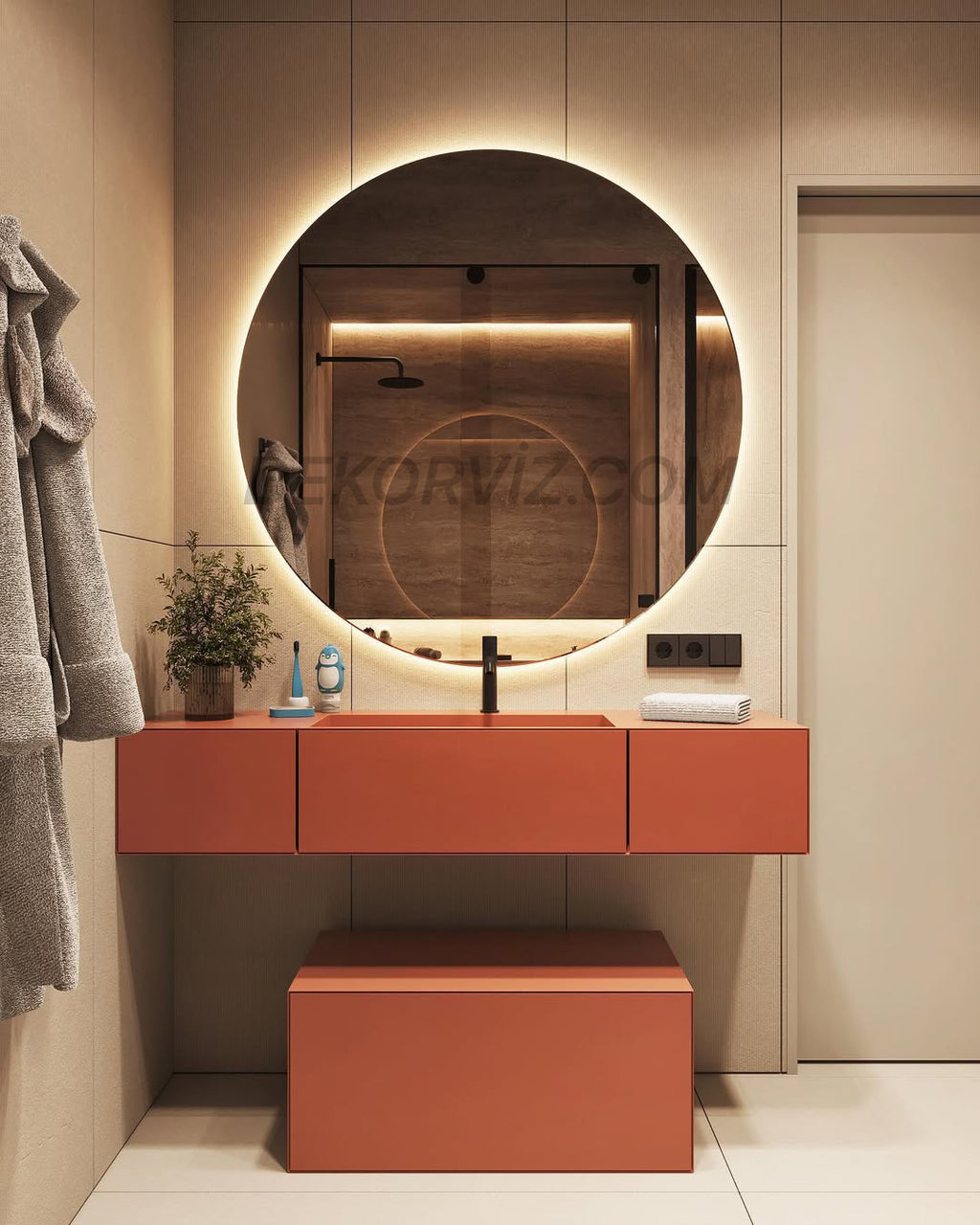 Sıcak Işıklı Yuvarlak LED Banyo ve Antre Aynası – Tam Çevre Aydınlatmalı Büyük Model