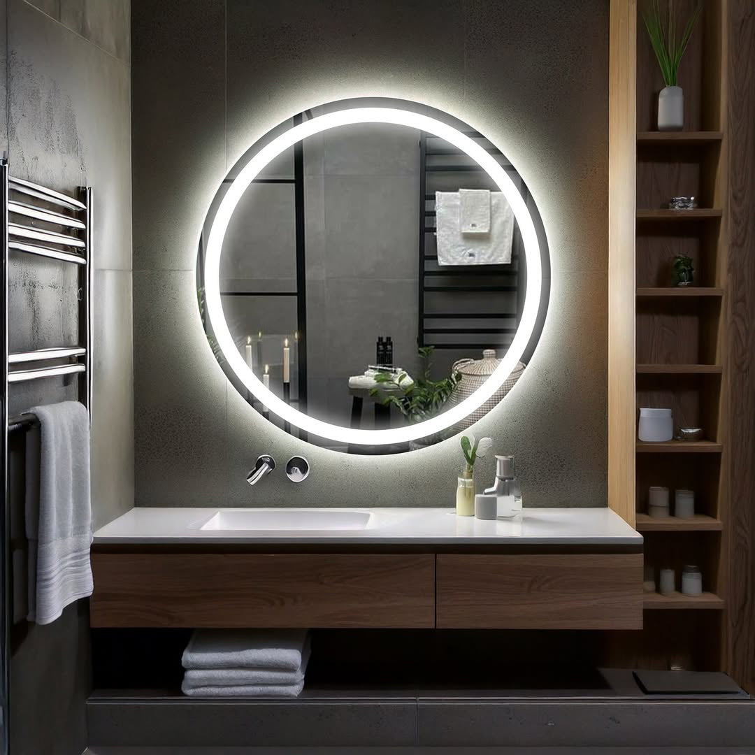 Kumlamalı Beyaz Işıklı Dairesel LED Ayna – Minimal Modern Seri
