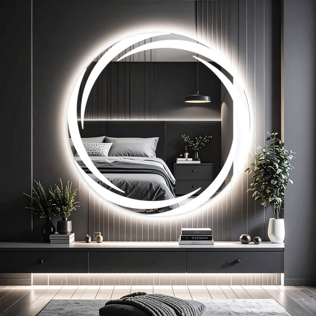 Yoğun Kumlamalı Sıcak Işıklı Dairesel LED Ayna – Dekoratif Modern Model