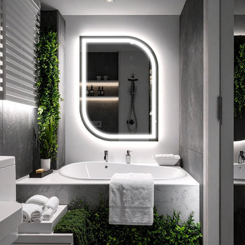 Asimetrik Köşe Tasarımlı Sıcak Işıklı LED Ayna – Modern Dekoratif Model