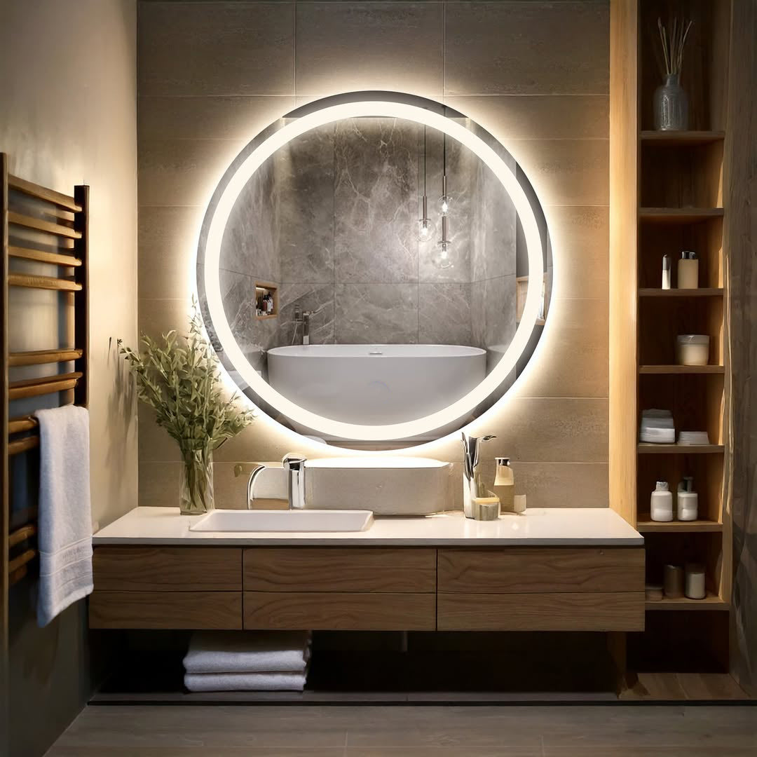 Kumlamalı Beyaz Işıklı Dairesel LED Ayna – Minimal Modern Seri