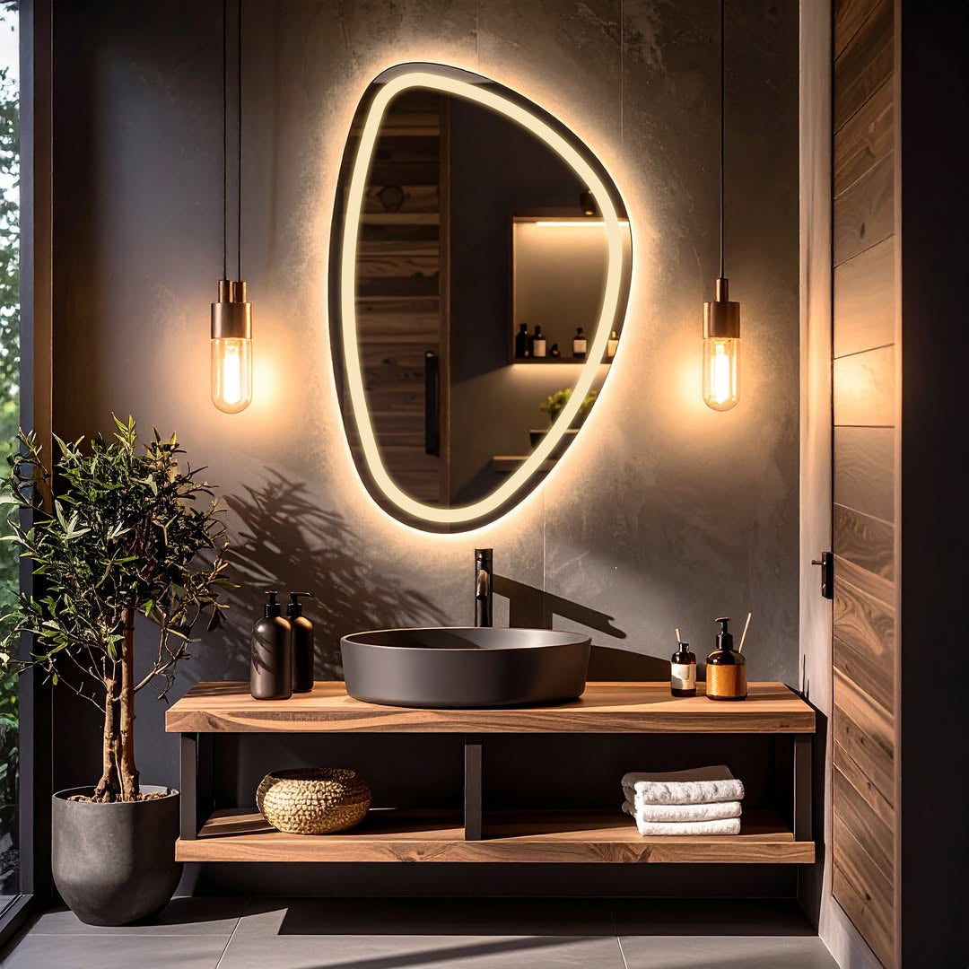 Asimetrik Soğuk Işıklı LED Ayna – Modern Asimetrik Tasarım