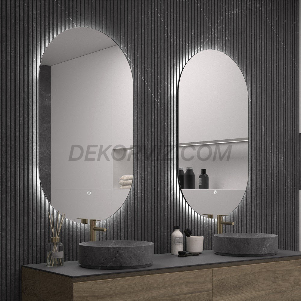 Sıcak Işıklı Oval LED Banyo ve Antre Aynası – Tam Çevre Aydınlatmalı Uzun Dikey Model